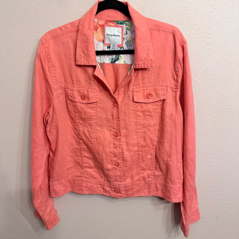 Tommy Bahama Coral Pink 100% Linen Button Front Jacket Floral Lining Womens L
